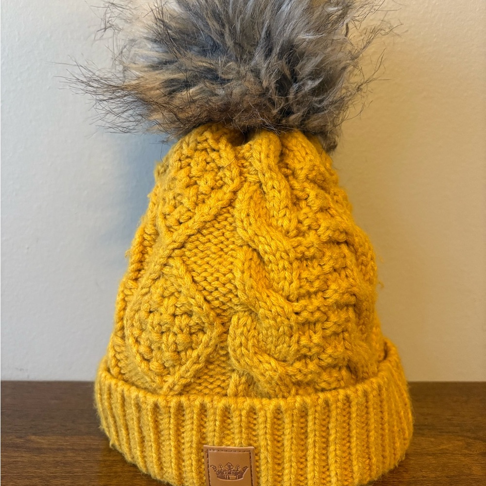 Panache Yellow and Gray Cable Knit Hat with Pom-Pom